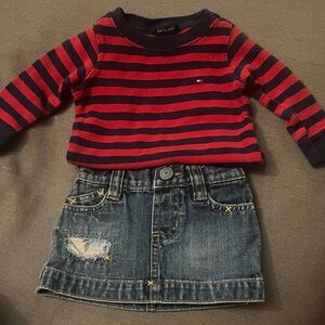 Tommy Hilfiger Kids Red and Navy Long Sleeve Tee and Baby Gap Jean Skirt